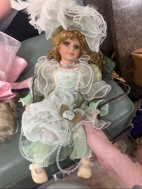 Porcelain Collector Doll in Pale Green and White Dress